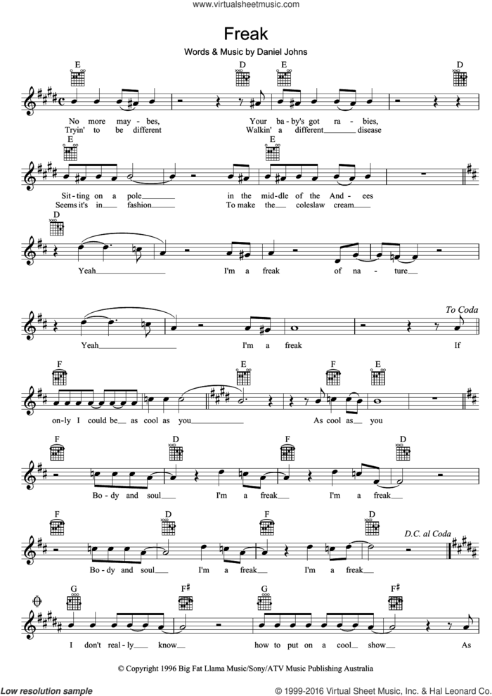 Freak sheet music for voice and other instruments (fake book) by Silverchair and Daniel Johns, intermediate skill level