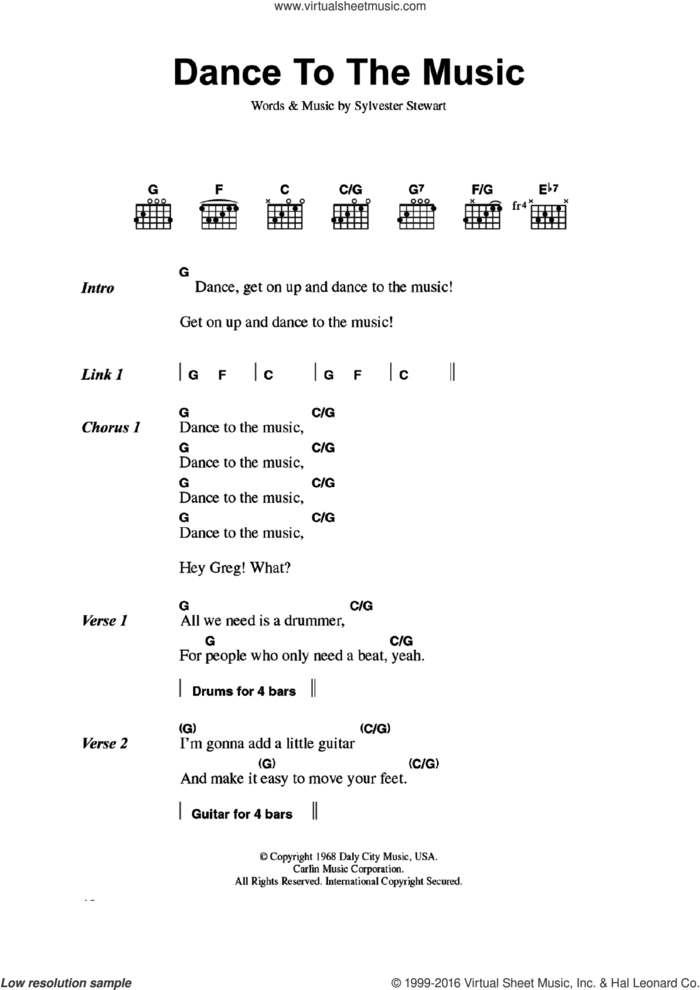 Dance To The Music sheet music for guitar (chords) by Sly & The Family Stone and Sylvester Stewart, intermediate skill level