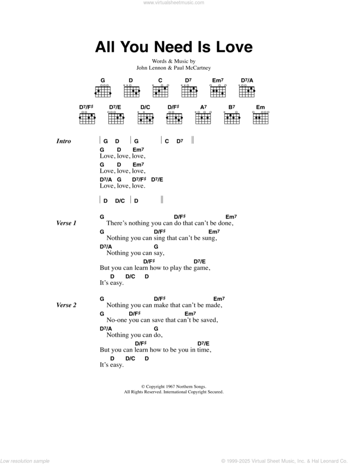All You Need Is Love sheet music for guitar (chords) by The Beatles, John Lennon and Paul McCartney, wedding score, intermediate skill level