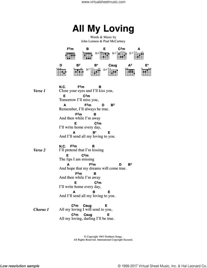 All My Loving sheet music for guitar (chords) by The Beatles, John Lennon and Paul McCartney, intermediate skill level