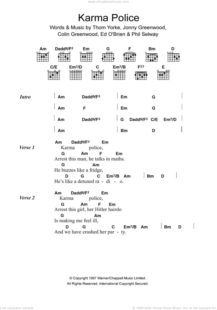 Karma Police sheet music for guitar (chords) by Radiohead, Colin Greenwood, Jonny Greenwood, Phil Selway and Thom Yorke, intermediate skill level