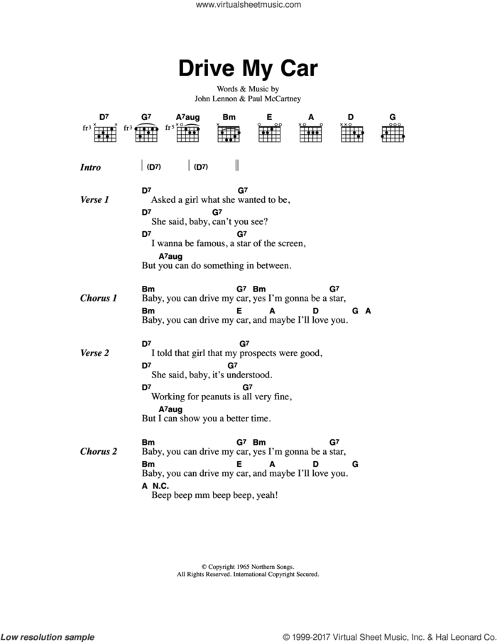 Drive My Car sheet music for guitar (chords) by The Beatles, John Lennon and Paul McCartney, intermediate skill level