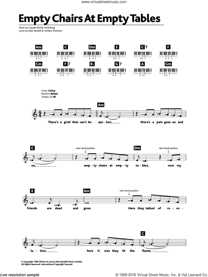 Empty Chairs At Empty Tables (from Les Miserables) sheet music for piano solo (chords, lyrics, melody) by Claude-Michel Schonberg, Alain Boublil and Herbert Kretzmer, intermediate piano (chords, lyrics, melody)