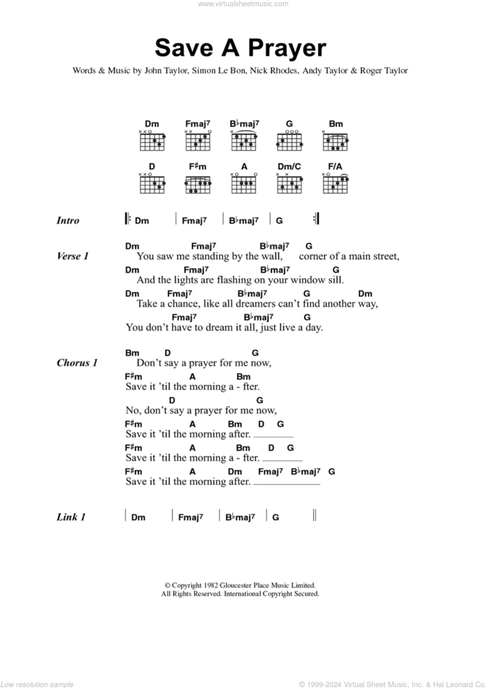 Save A Prayer Til The Morning After sheet music for guitar (chords) by Duran Duran, Andrew Taylor, John Taylor, Nick Rhodes, Roger Taylor and Simon LeBon, intermediate skill level