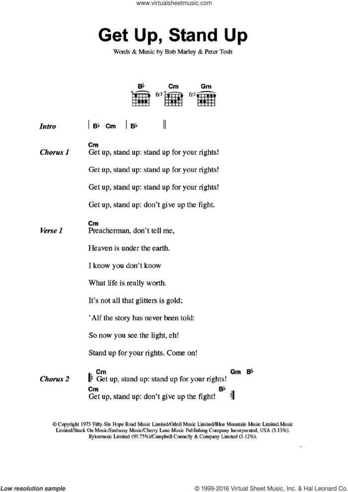 Get Up, Stand Up sheet music for guitar (chords) by Bob Marley and Peter Tosh, intermediate skill level