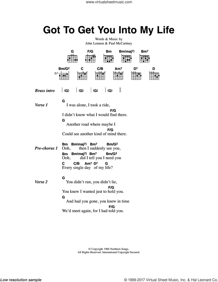 Got To Get You Into My Life sheet music for guitar (chords) by The Beatles, John Lennon and Paul McCartney, intermediate skill level