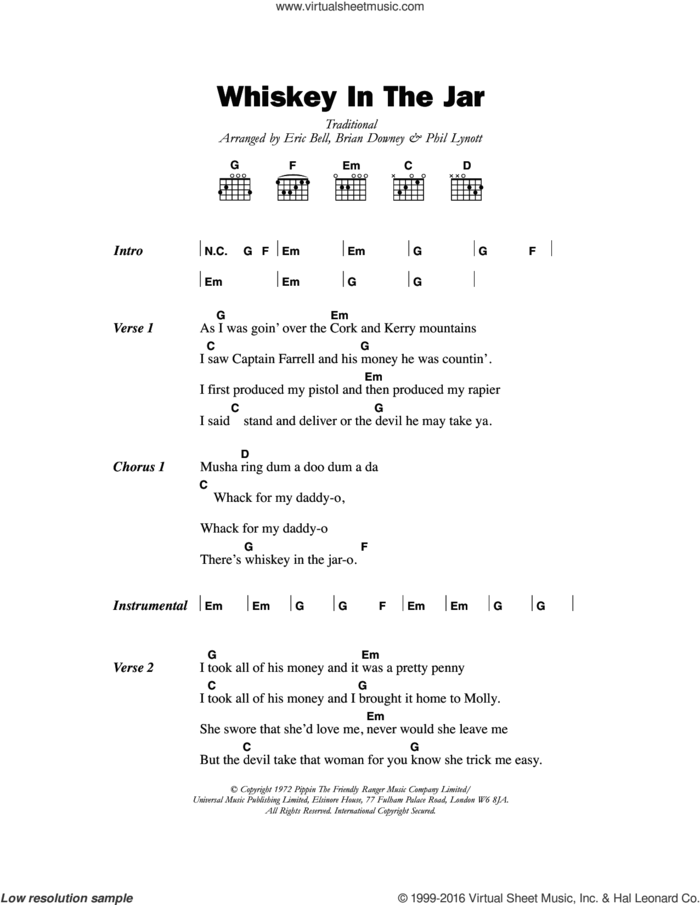 Whiskey In The Jar sheet music for guitar (chords) by Thin Lizzy and Miscellaneous, intermediate skill level