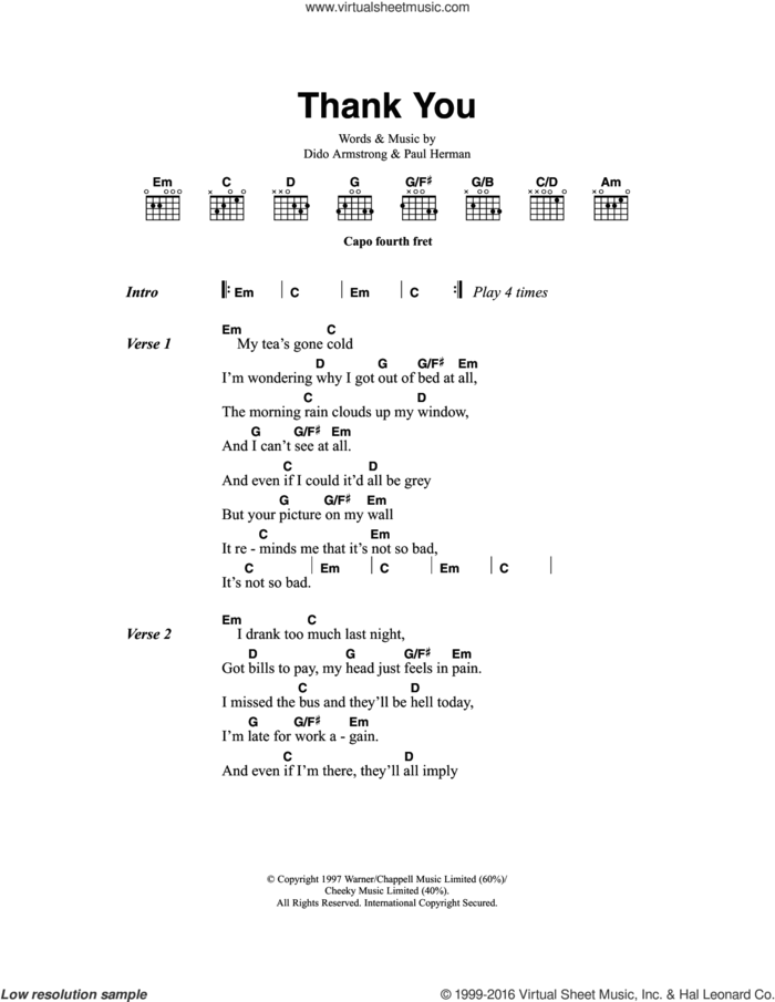 Thank You sheet music for guitar (chords) by Dido Armstrong and Paul Herman, intermediate skill level