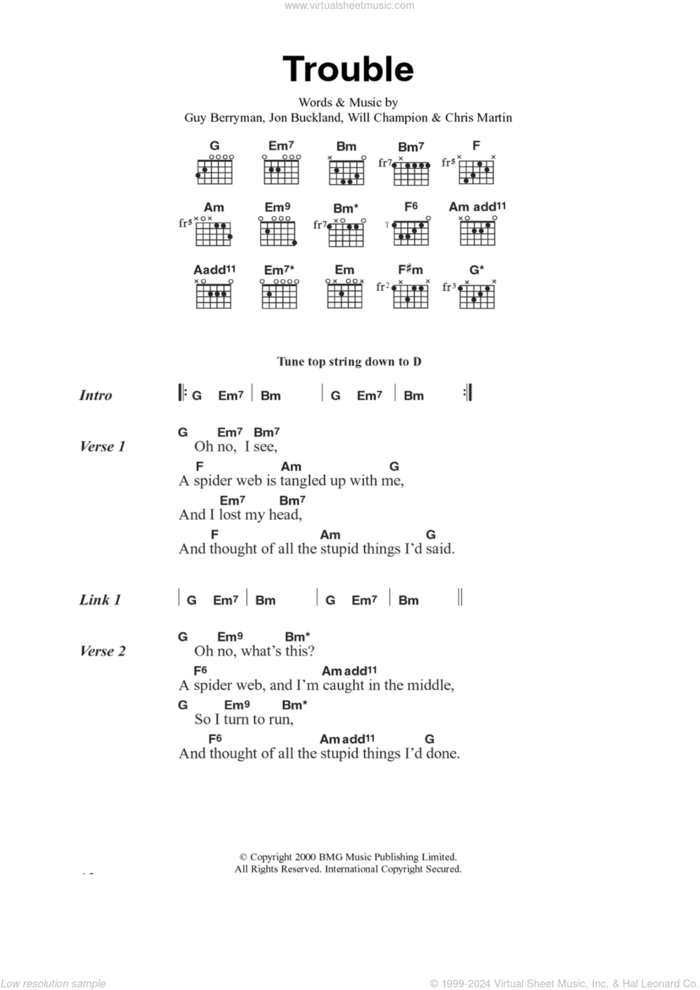 Trouble sheet music for guitar (chords) by Coldplay, Chris Martin, Guy Berryman, Jonny Buckland and Will Champion, intermediate skill level