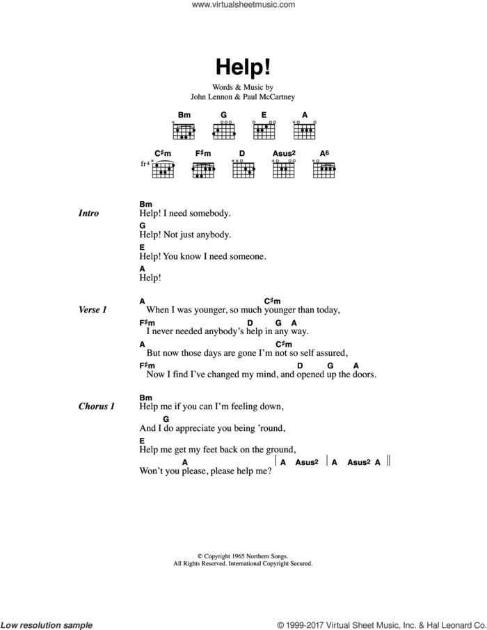 Help! sheet music for guitar (chords) by The Beatles, John Lennon and Paul McCartney, intermediate skill level