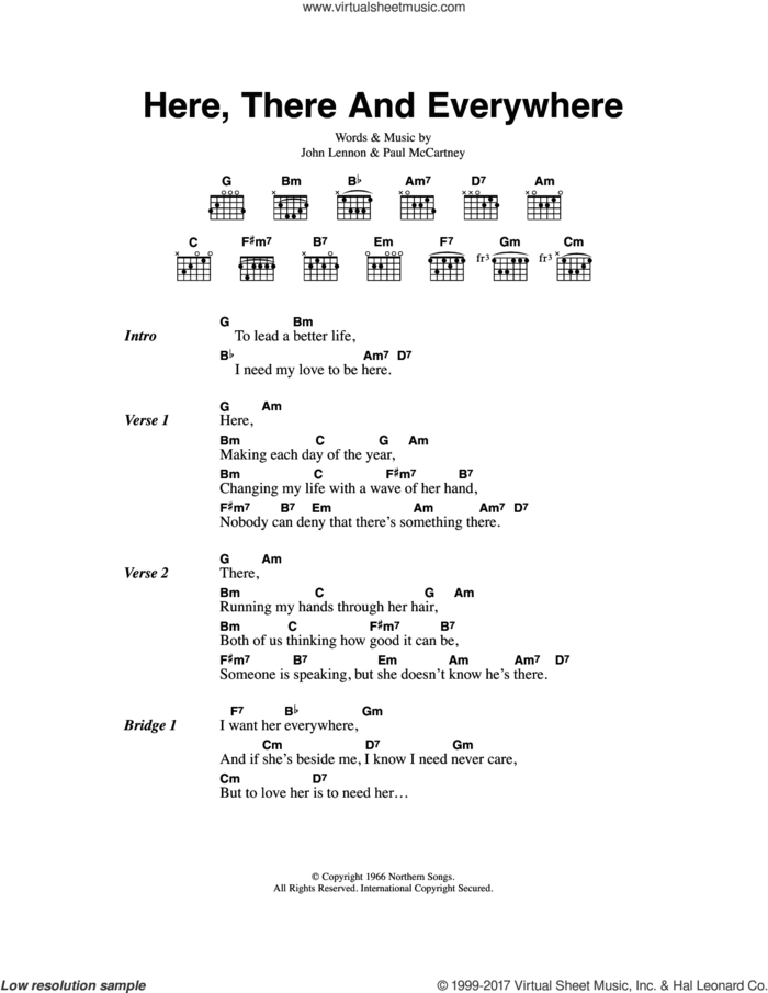 Here, There And Everywhere sheet music for guitar (chords) by The Beatles, John Lennon and Paul McCartney, wedding score, intermediate skill level