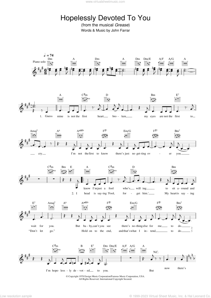 Hopelessly Devoted To You (from Grease) sheet music for voice and other instruments (fake book) by Olivia Newton-John and John Farrar, intermediate skill level