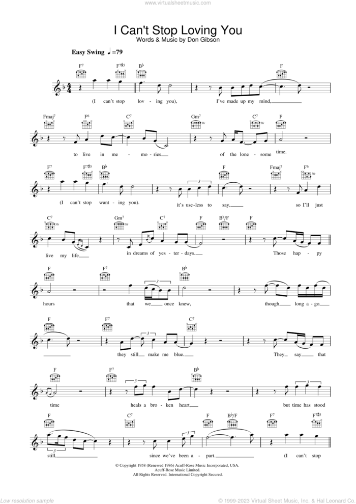 I Can't Stop Loving You sheet music for voice and other instruments (fake book) by Ray Charles and Don Gibson, intermediate skill level