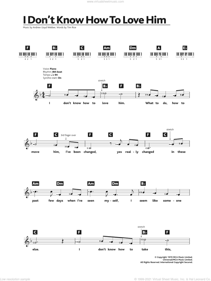 I Don't Know How To Love Him (from Jesus Christ Superstar) sheet music for piano solo (chords, lyrics, melody) by Andrew Lloyd Webber and Tim Rice, intermediate piano (chords, lyrics, melody)