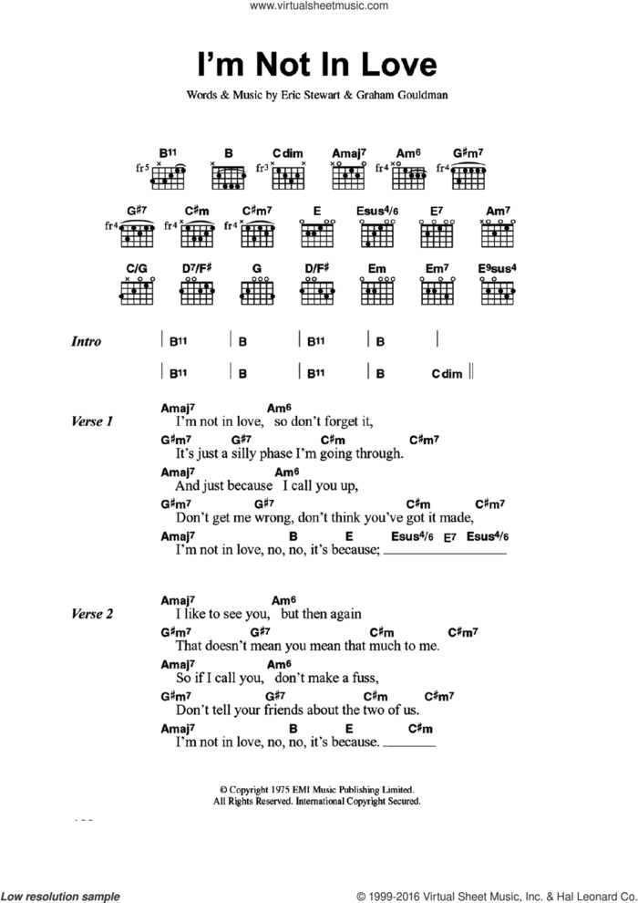 I'm Not In Love sheet music for guitar (chords) by 10Cc, Eric Stewart and Graham Gouldman, intermediate skill level