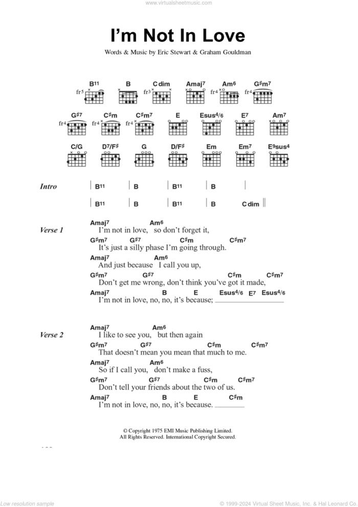 I'm Not In Love sheet music for guitar (chords) by 10Cc, Eric Stewart and Graham Gouldman, intermediate skill level