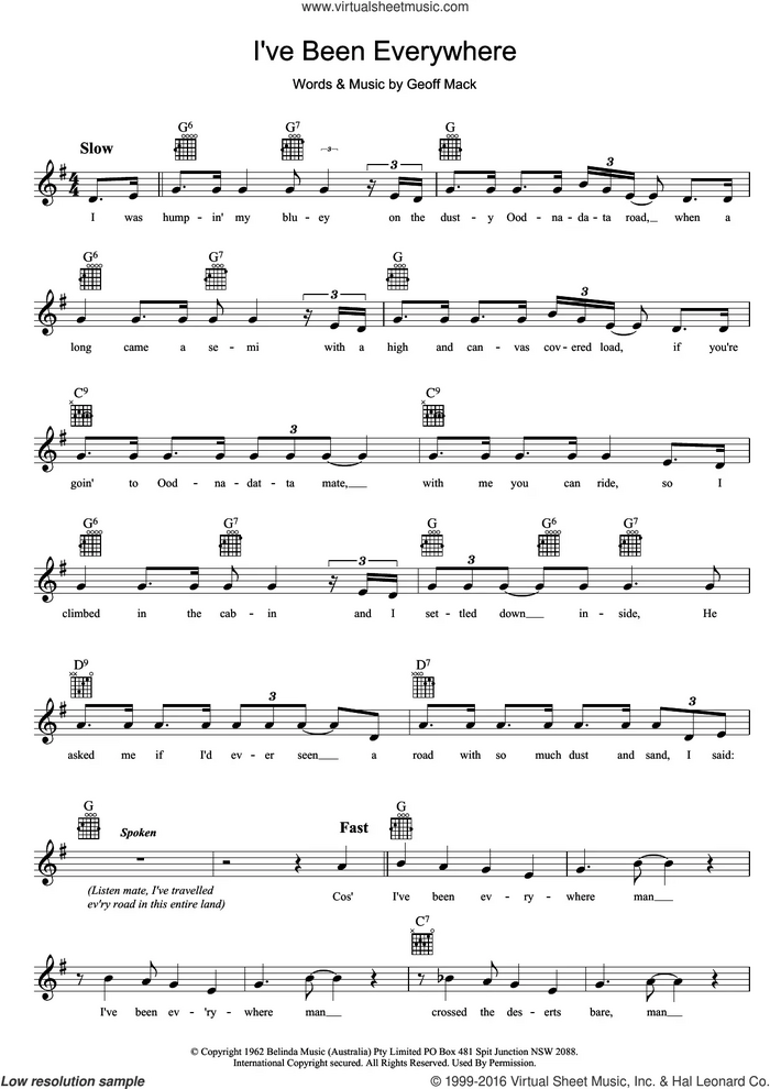 I've Been Everywhere sheet music for voice and other instruments (fake book) by Lucky Starr and Geoff Mack, intermediate skill level