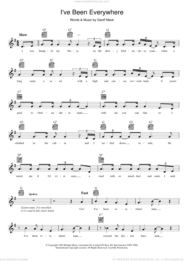 I've Been Everywhere sheet music for voice and other instruments (fake book) by Lucky Starr and Geoff Mack, intermediate skill level