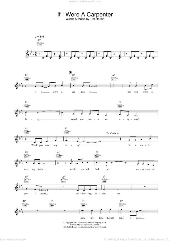 If I Were A Carpenter sheet music for voice and other instruments (fake book) by Bobby Darin and Tim Hardin, intermediate skill level