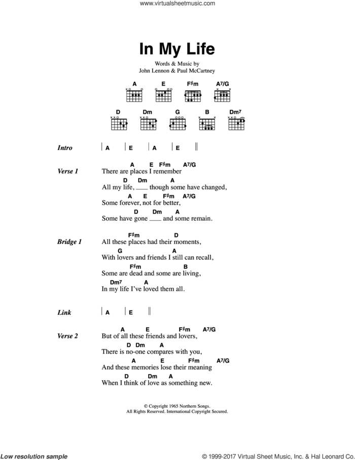 In My Life sheet music for guitar (chords) by The Beatles, John Lennon and Paul McCartney, wedding score, intermediate skill level