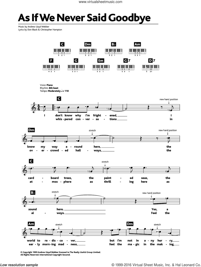 As If We Never Said Goodbye (from Sunset Boulevard) sheet music for piano solo (chords, lyrics, melody) by Andrew Lloyd Webber, Christopher Hampton and Don Black, intermediate piano (chords, lyrics, melody)