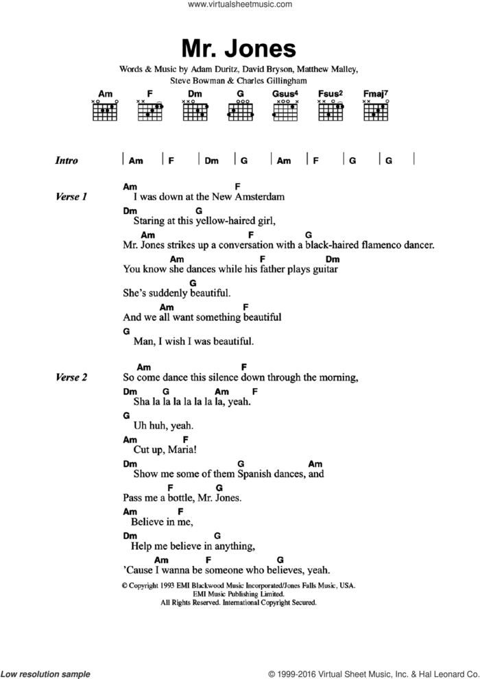 Mr. Jones sheet music for guitar (chords) by Counting Crows, Adam Duritz, Charles Gillingham, David Bryson, Matthew Malley and Steve Bowman, intermediate skill level