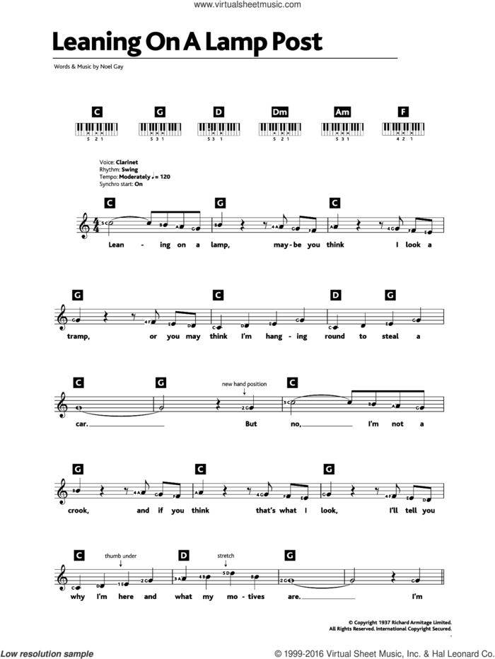 Leaning On A Lamp Post (from Me And My Girl) sheet music for piano solo (chords, lyrics, melody) by Noel Gay, intermediate piano (chords, lyrics, melody)