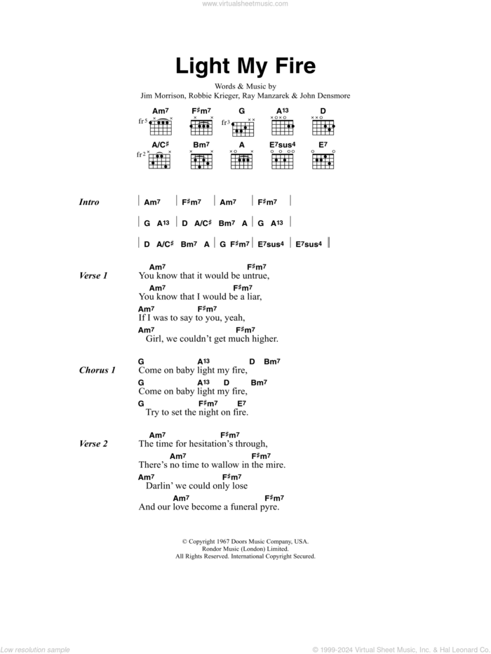 Light My Fire sheet music for guitar (chords) by Jose Feliciano, Jim Morrison, John Densmore, Ray Manzarek and Robbie Krieger, intermediate skill level