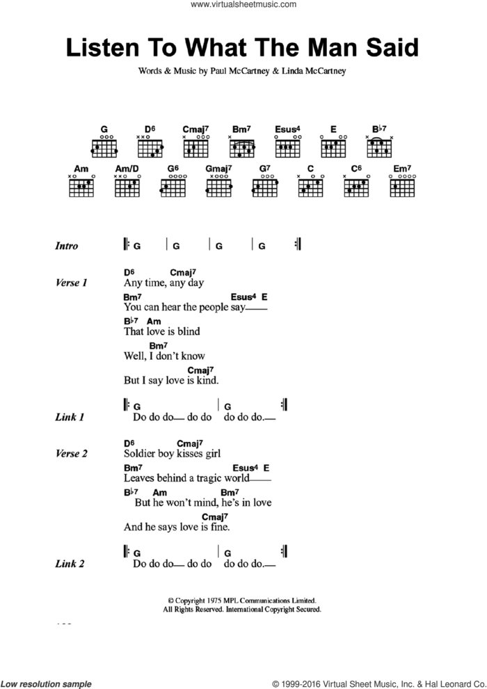 Listen To What The Man Said sheet music for guitar (chords) by Wings, Linda McCartney and Paul McCartney, intermediate skill level