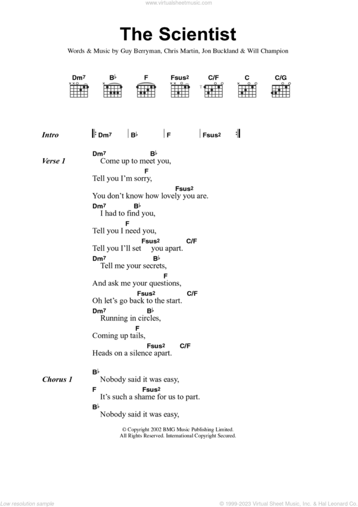 The Scientist sheet music for guitar (chords) by Coldplay, Chris Martin, Guy Berryman, Jonny Buckland and Will Champion, intermediate skill level