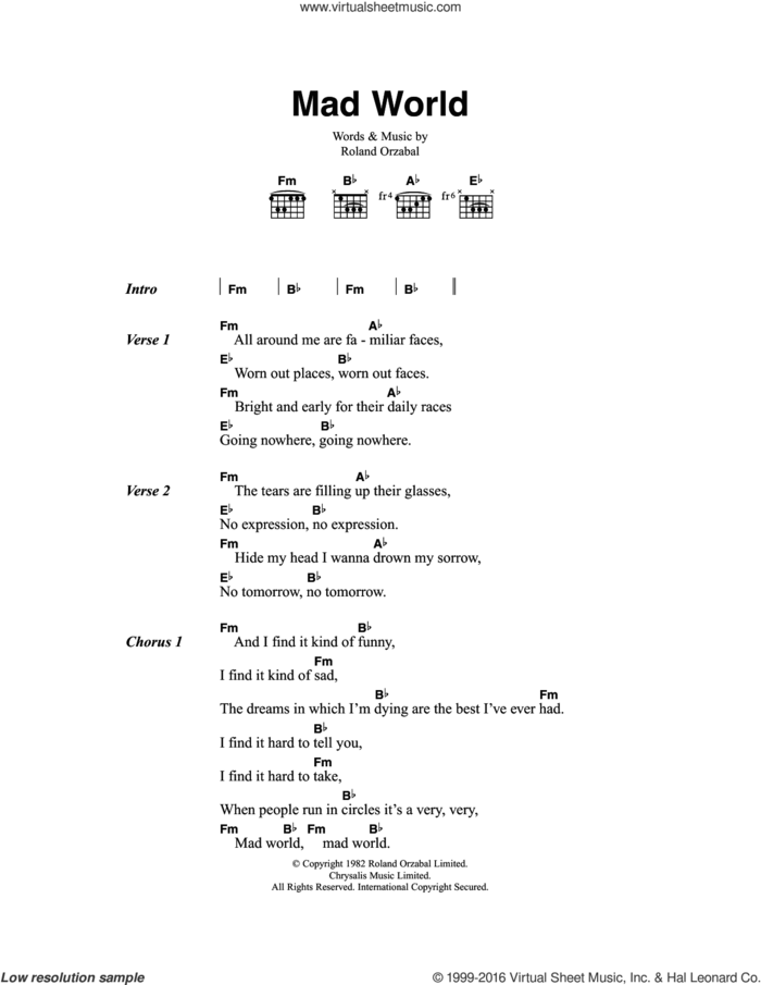 Mad World (from Donnie Darko) sheet music for guitar (chords) by Gary Jules, Michael Andrews and Roland Orzabal, intermediate skill level