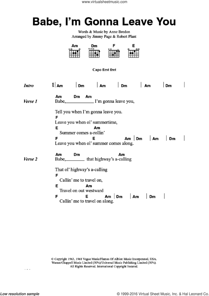 Babe, I'm Gonna Leave You sheet music for guitar (chords) by Led Zeppelin and Anne Bredon, intermediate skill level
