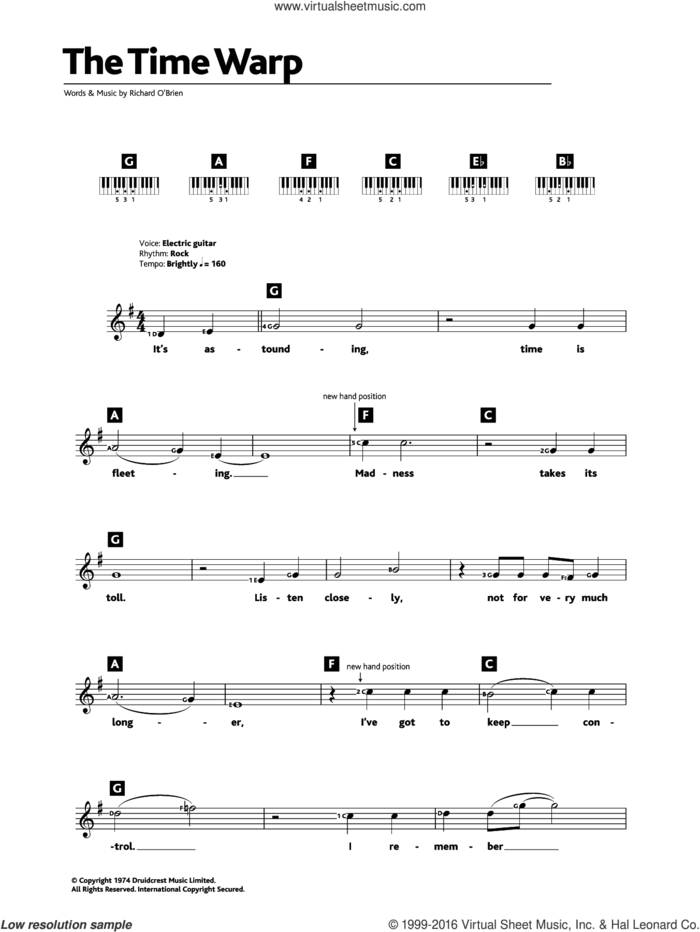 The Time Warp (from The Rocky Horror Picture Show) sheet music for piano solo (chords, lyrics, melody) by Richard O'Brien, intermediate piano (chords, lyrics, melody)