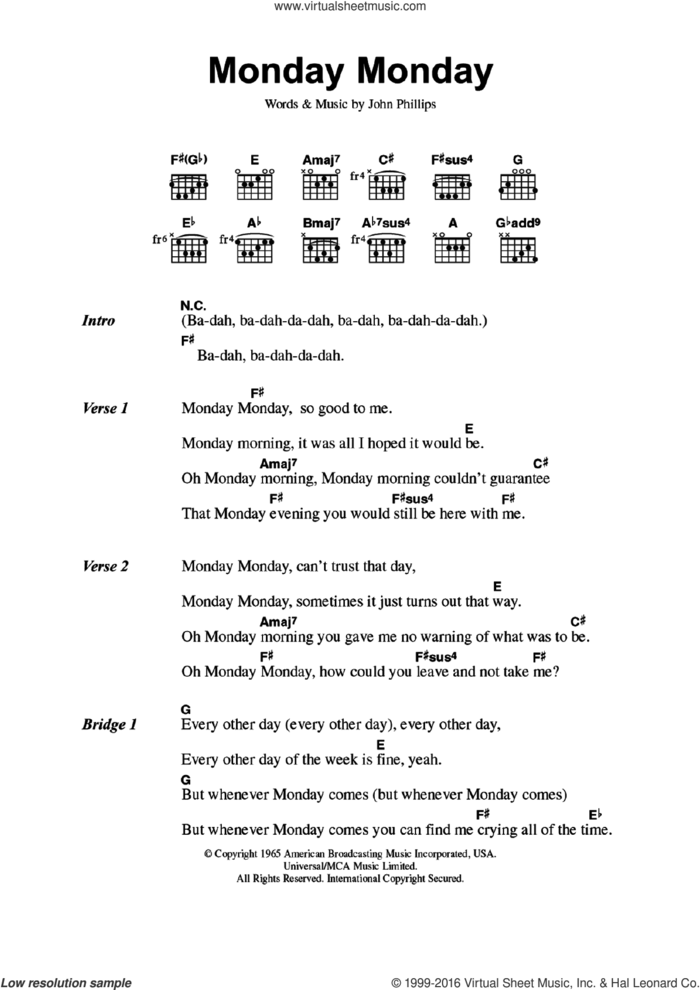 Monday Monday sheet music for guitar (chords) by The Mamas & The Papas and John Phillips, intermediate skill level