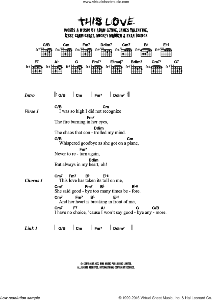 This Love sheet music for guitar (chords) by Maroon 5, Adam Levine, James Valentine, Jesse Carmichael, Michael Madden and Ryan Dusick, intermediate skill level