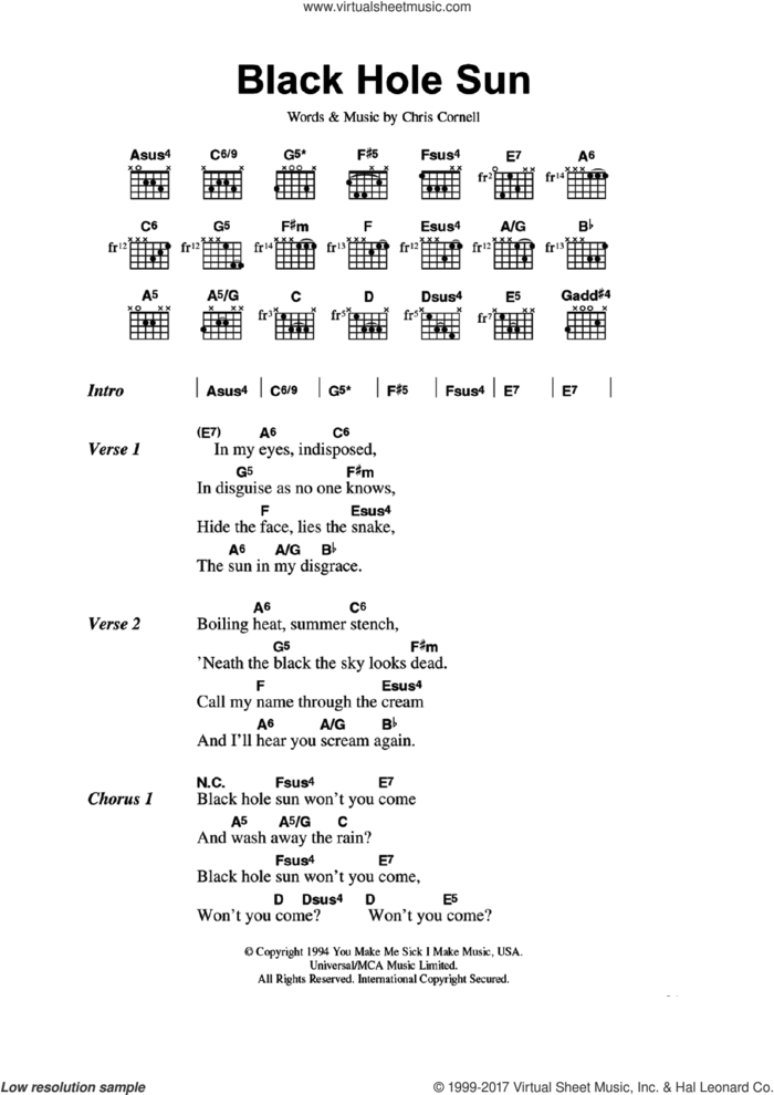 Black Hole Sun sheet music for guitar (chords) by Soundgarden and Chris Cornell, intermediate skill level