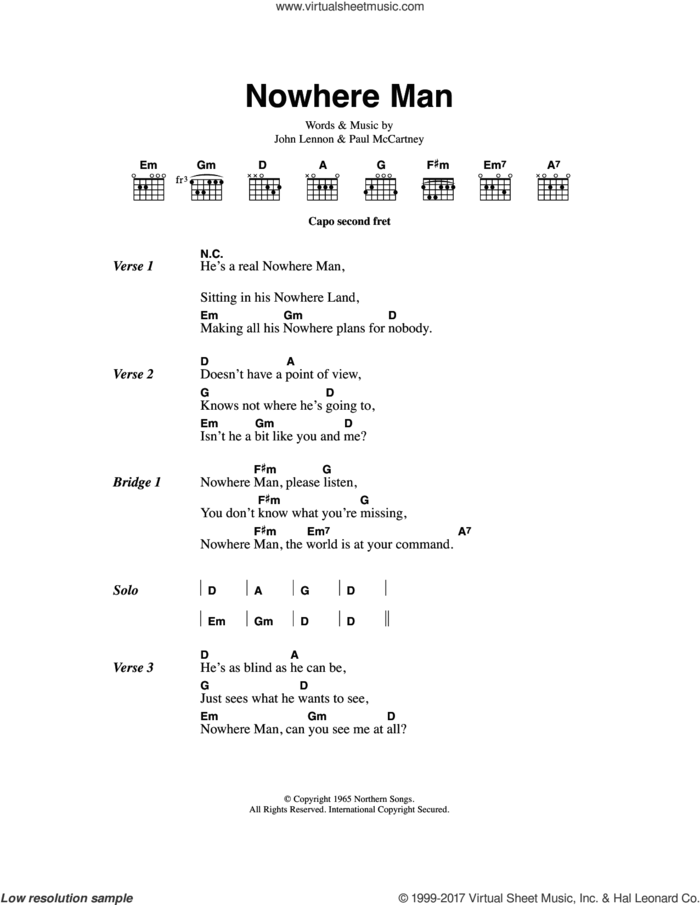 Nowhere Man sheet music for guitar (chords) by The Beatles, John Lennon and Paul McCartney, intermediate skill level