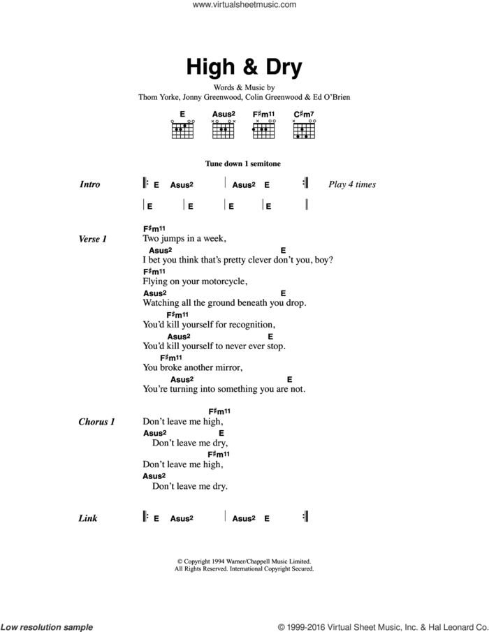 High And Dry sheet music for guitar (chords) by Radiohead, Colin Greenwood, Jonny Greenwood and Thom Yorke, intermediate skill level