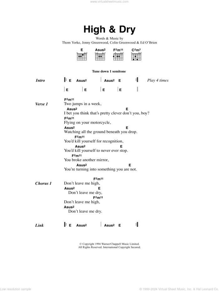 High And Dry sheet music for guitar (chords) by Radiohead, Colin Greenwood, Jonny Greenwood and Thom Yorke, intermediate skill level