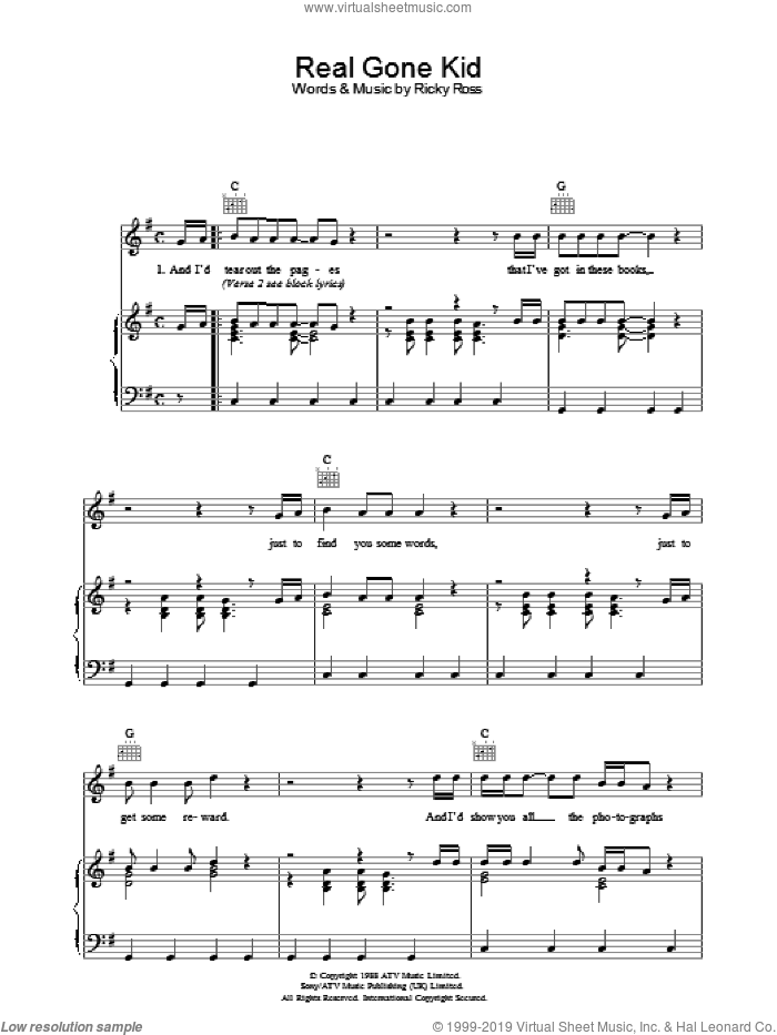 Real Gone Kid sheet music for voice, piano or guitar by Deacon Blue and Ricky Ross, intermediate skill level