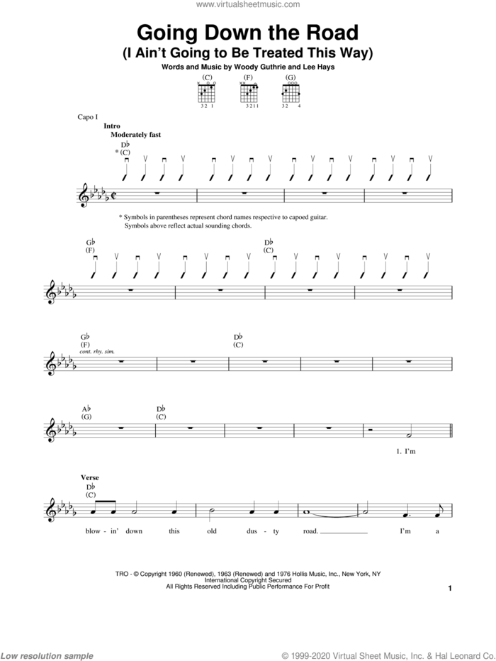 Going Down The Road (I Ain't Going To Be Treated This Way) sheet music for guitar solo (chords) by Woody Guthrie and Lee Hays, easy guitar (chords)
