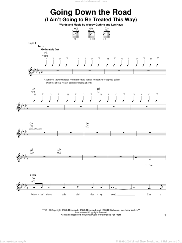 Going Down The Road (I Ain't Going To Be Treated This Way) sheet music for guitar solo (chords) by Woody Guthrie and Lee Hays, easy guitar (chords)