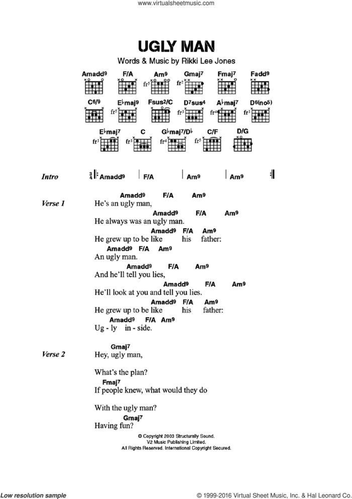 Ugly Man sheet music for guitar (chords) by Rickie Lee Jones, intermediate skill level