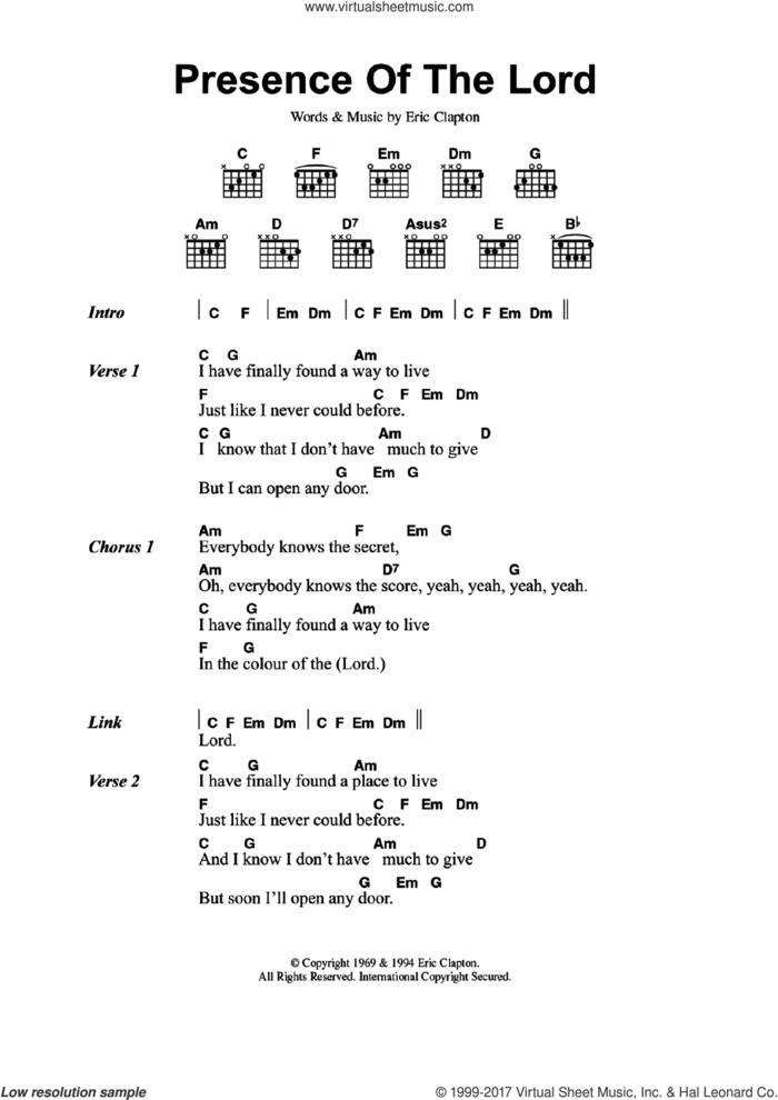 Presence Of The Lord sheet music for guitar (chords) by Eric Clapton, intermediate skill level