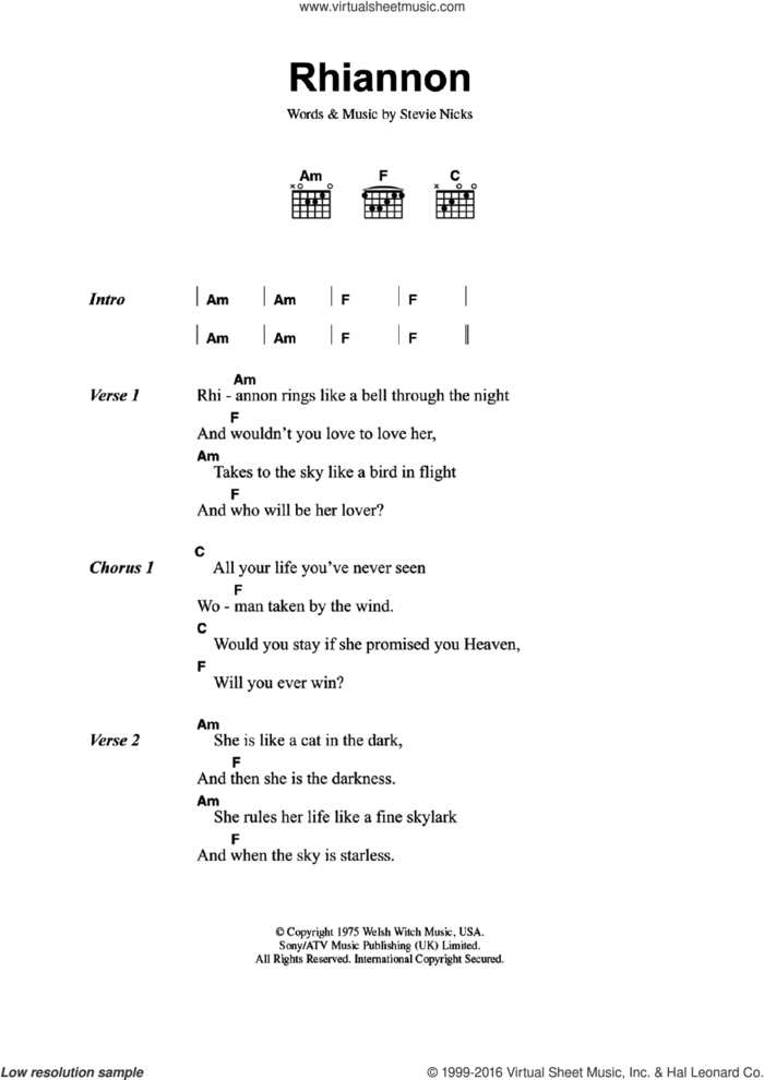 Rhiannon sheet music for guitar (chords) by Fleetwood Mac and Stevie Nicks, intermediate skill level