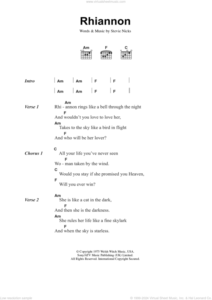 Rhiannon sheet music for guitar (chords) by Fleetwood Mac and Stevie Nicks, intermediate skill level