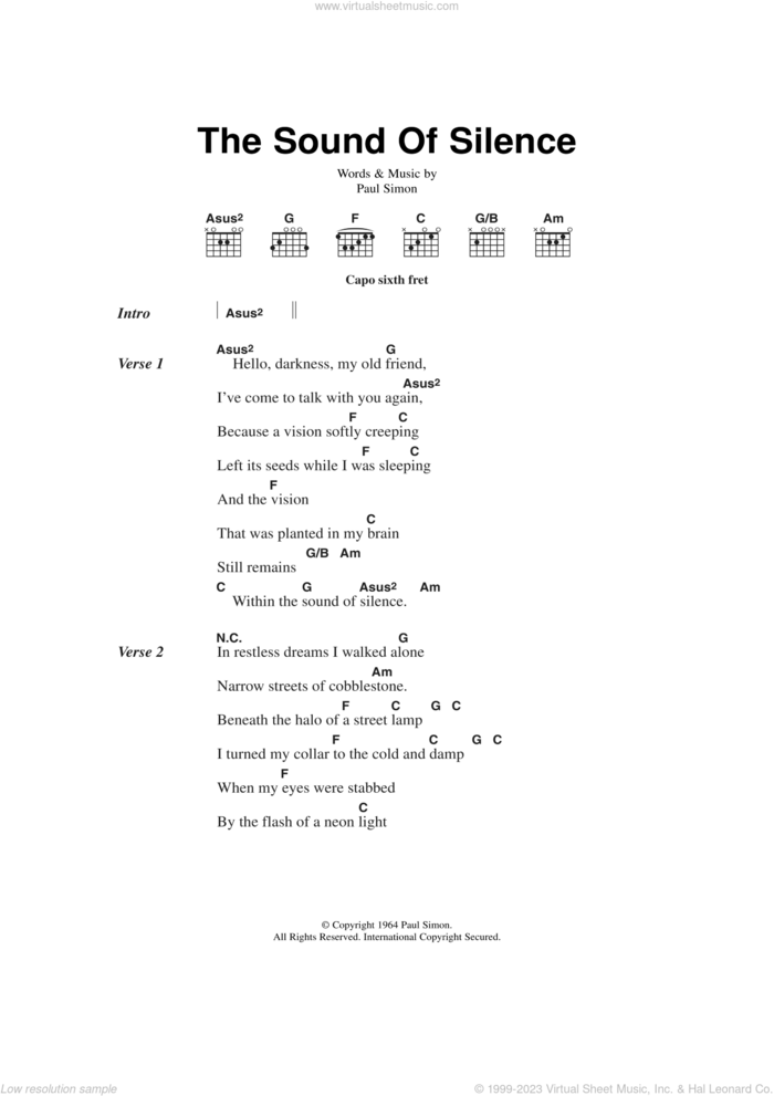 The Sound Of Silence sheet music for guitar (chords) by Simon & Garfunkel and Paul Simon, intermediate skill level