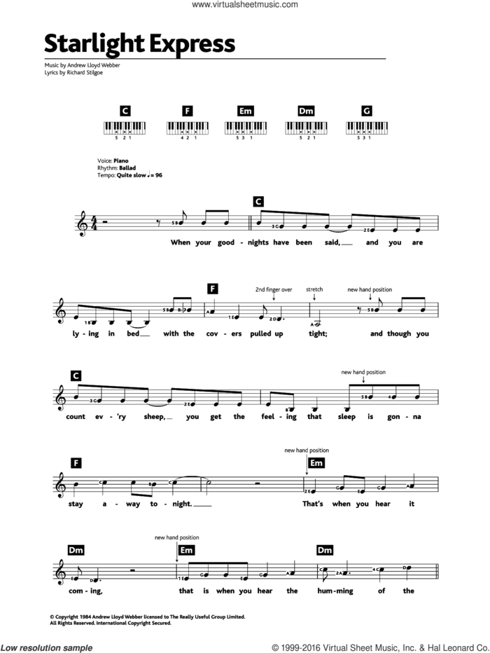 Starlight Express sheet music for piano solo (chords, lyrics, melody) by Andrew Lloyd Webber and Richard Stilgoe, intermediate piano (chords, lyrics, melody)