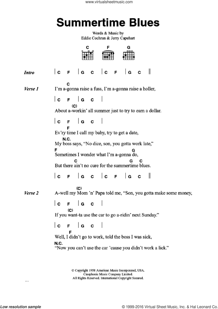 Summertime Blues sheet music for guitar (chords) by Eddie Cochran and Jerry Capehart, intermediate skill level
