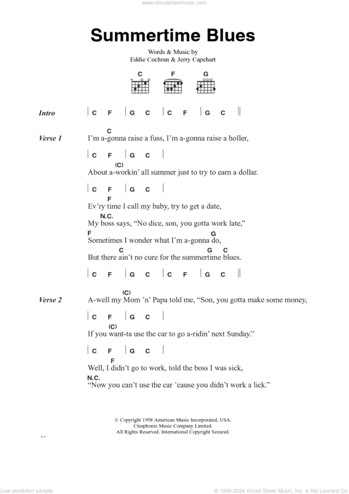 Summertime Blues sheet music for guitar (chords) by Eddie Cochran and Jerry Capehart, intermediate skill level